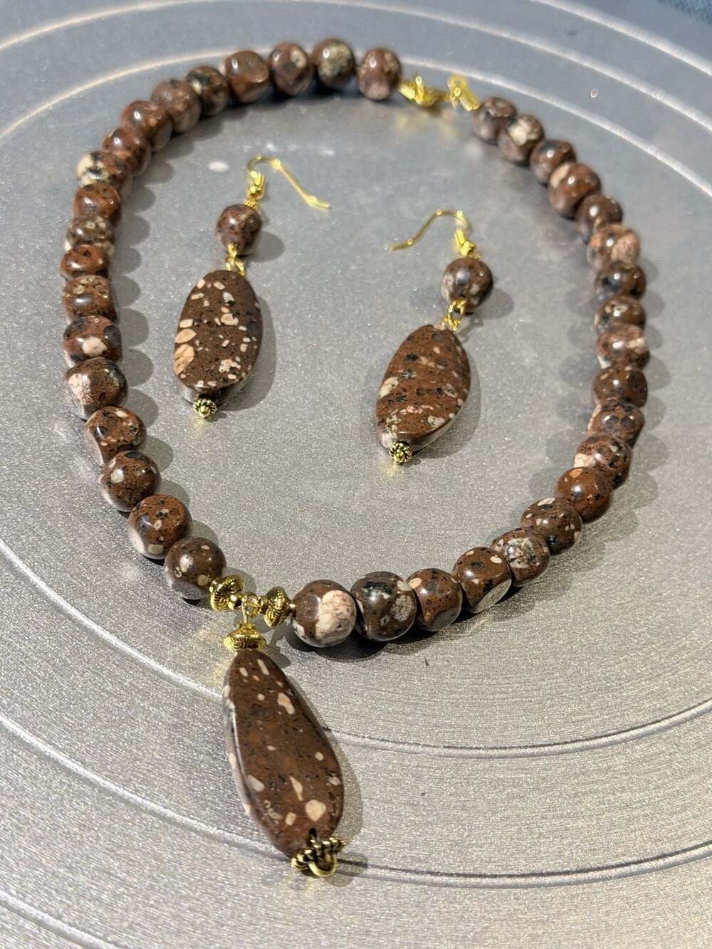 Natural Brown Leopard Skin Jasper Beaded Necklace And Earrings Set